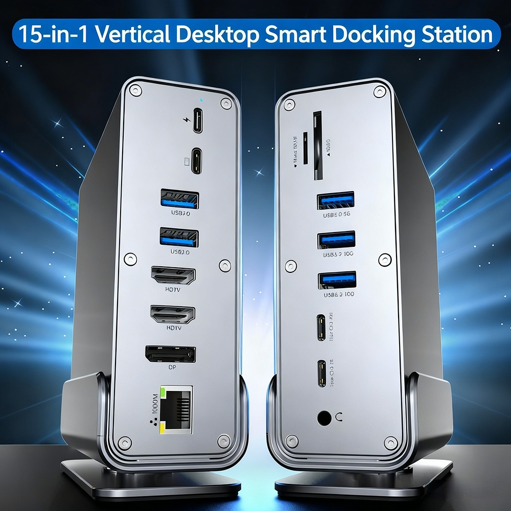 Type-C 3.2 Docking Station — 15-in-1 Vertical Desktop Hub with Dual HD Independent Displays, DP Port, Card Reader, and Gigabit Ethernet