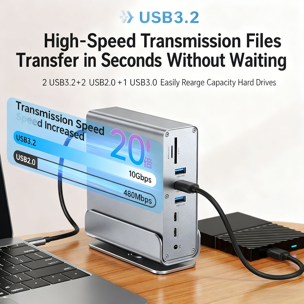Type-C 15-in-1 Docking Station: Gigabit Ethernet, 4K@60Hz, MST, Dual HD Outputs, Triple-Display Support (Independent Display), DP Port